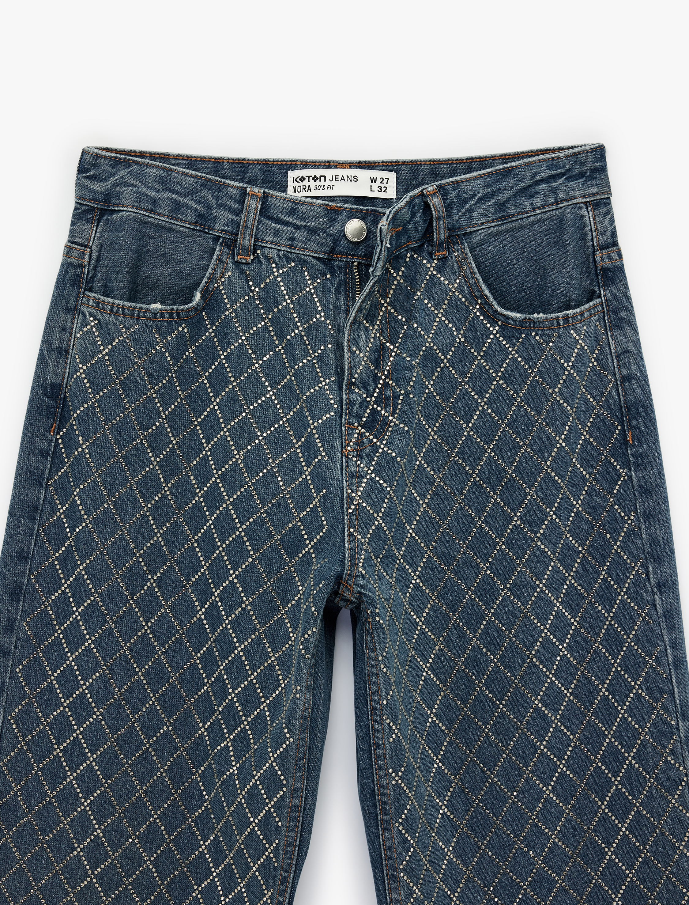   Cepli Uzun Düz Paça Taşlı Jean Pantolon - Straight Fit 90's Jeans