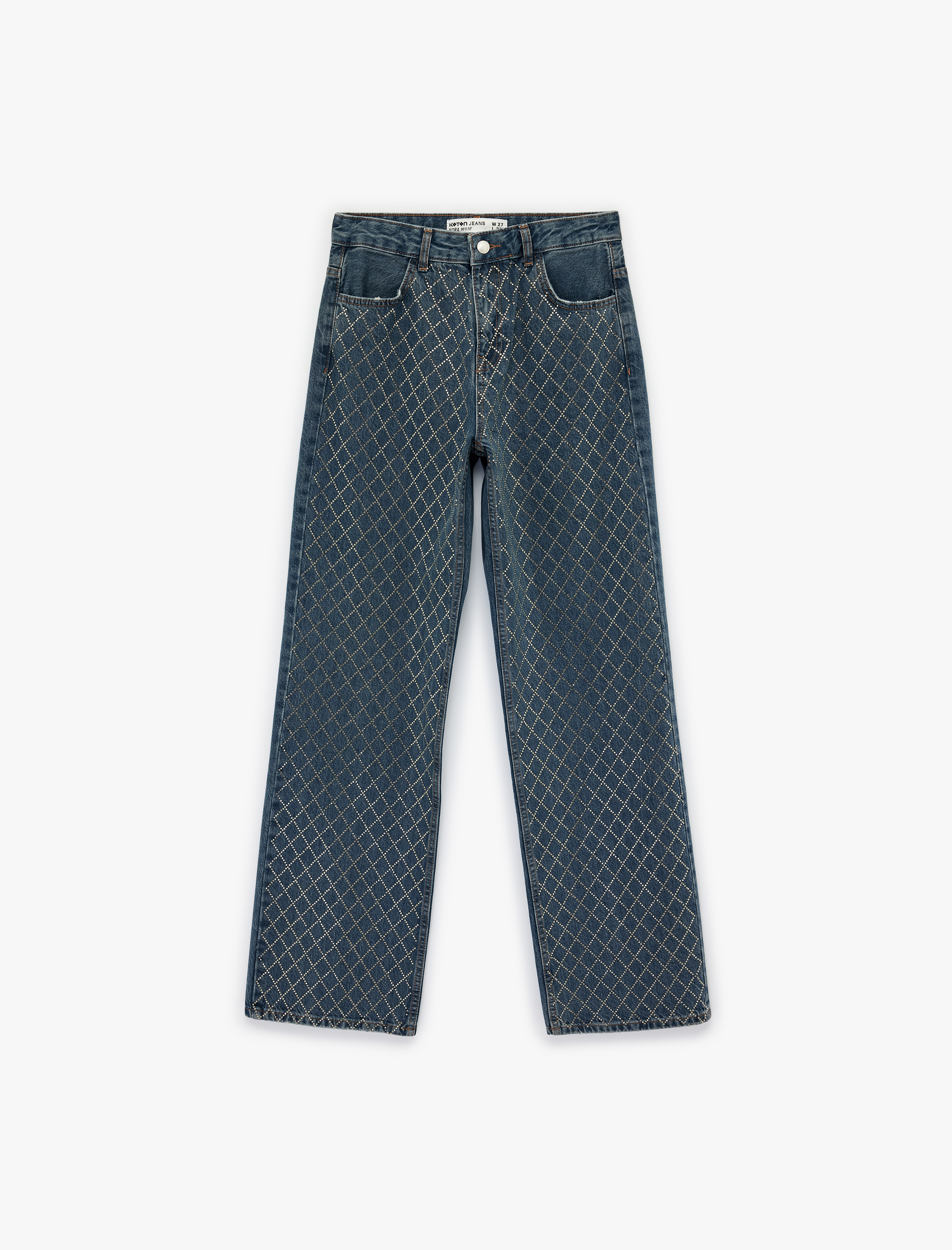   Cepli Uzun Düz Paça Taşlı Jean Pantolon - Straight Fit 90's Jeans