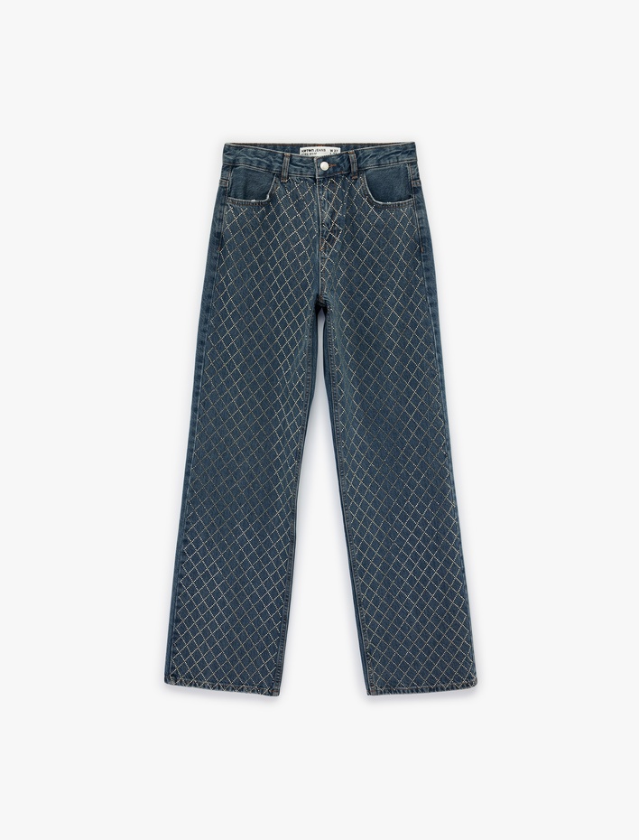 Cepli Uzun Düz Paça Taşlı Jean Pantolon - Straight Fit 90's Jeans