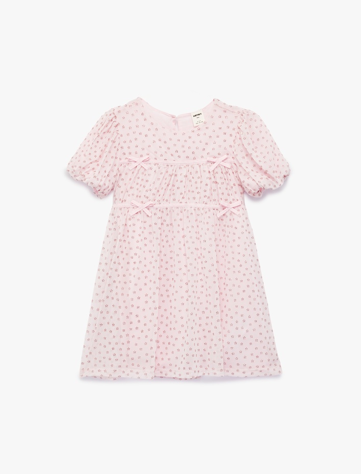 Kız Bebek Kısa Balon Kollu Bisiklet Yaka A Kesim Fiyonklu Çiçekli Elbise