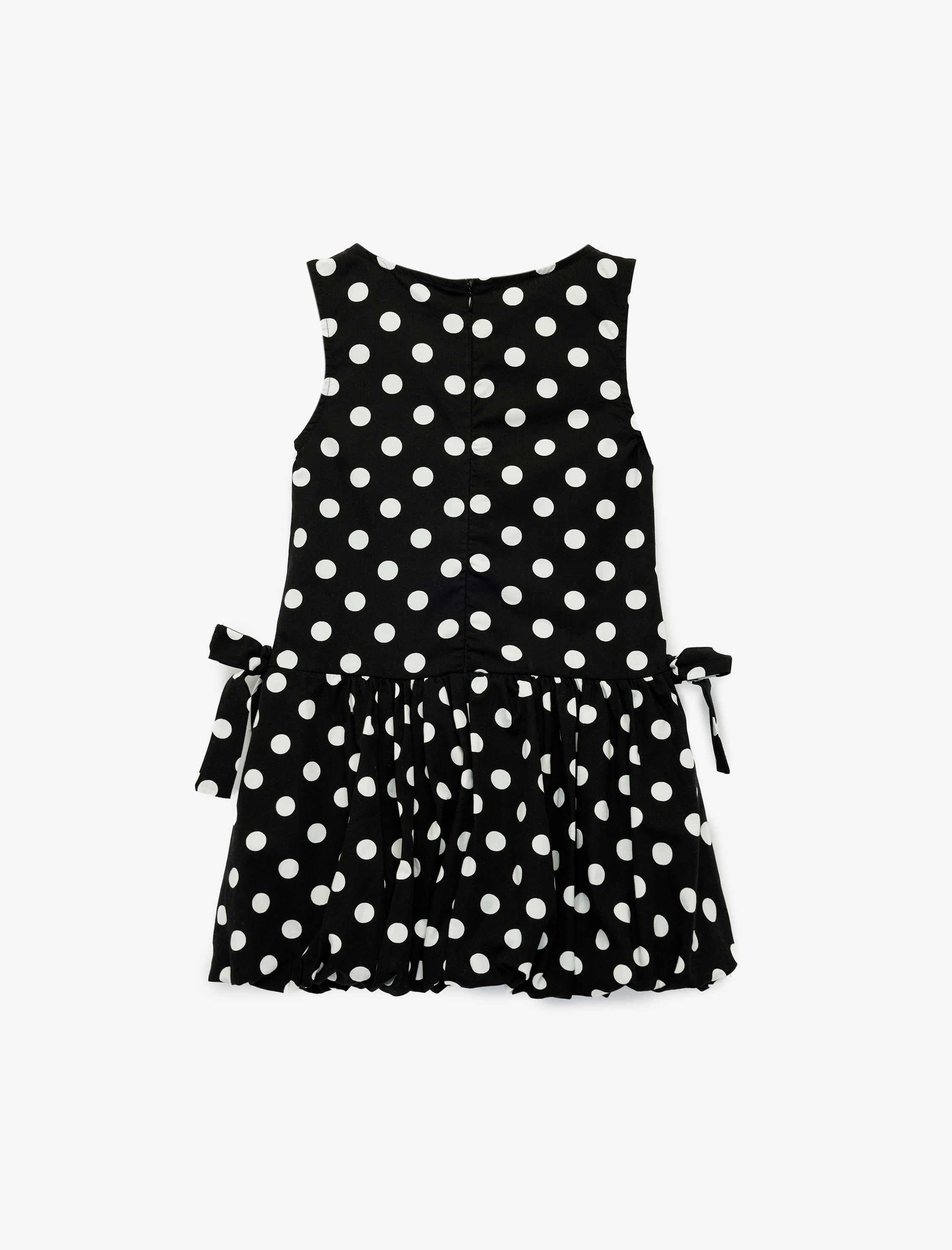  Kız Çocuk Pamuklu Bisiklet Yaka Kolsuz Fiyonk Detaylı Puantiyeli Balon Elbise