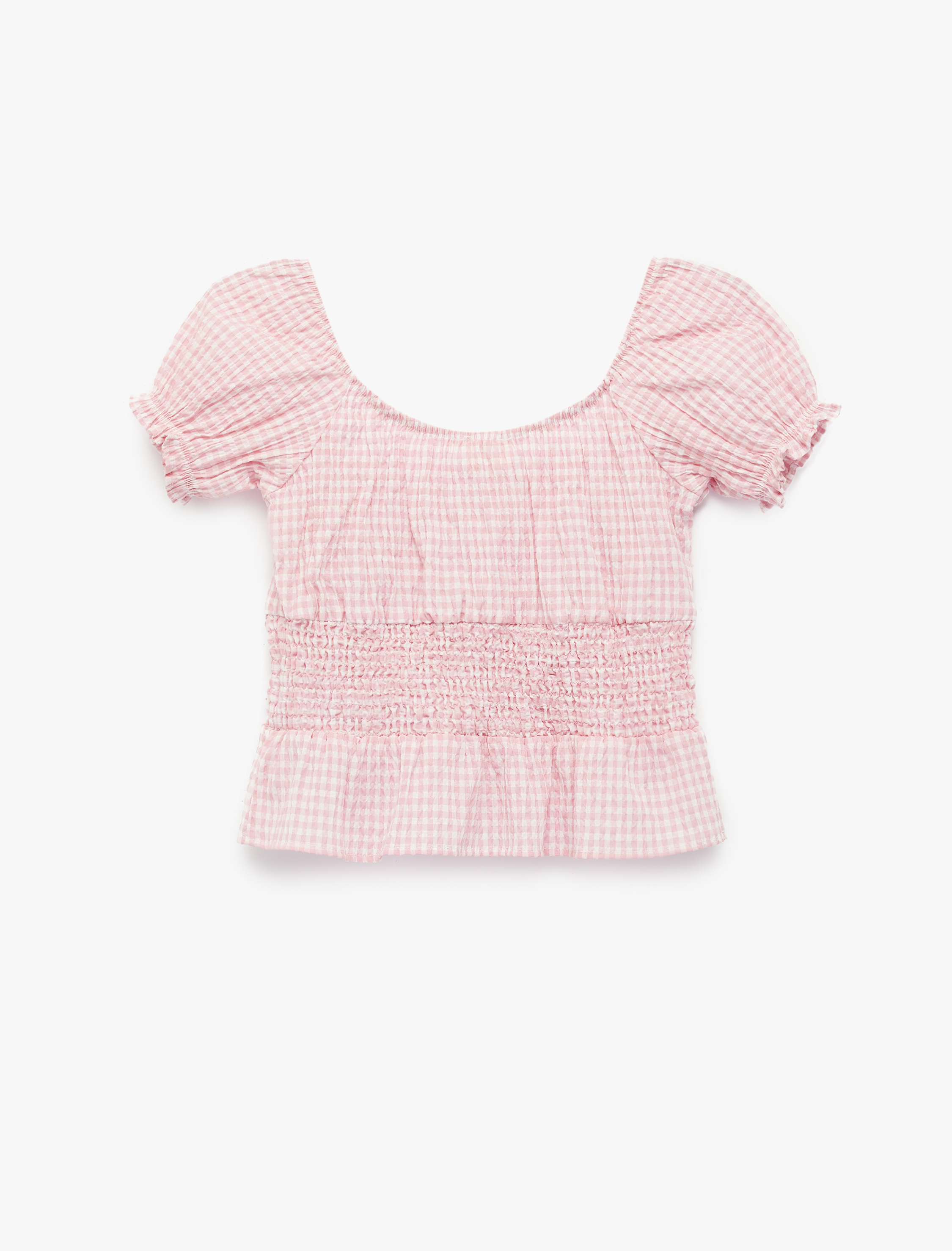  Kız Çocuk Gipeli Kısa Kollu U Yaka Fiyonklu Pötikare Desenli Bluz