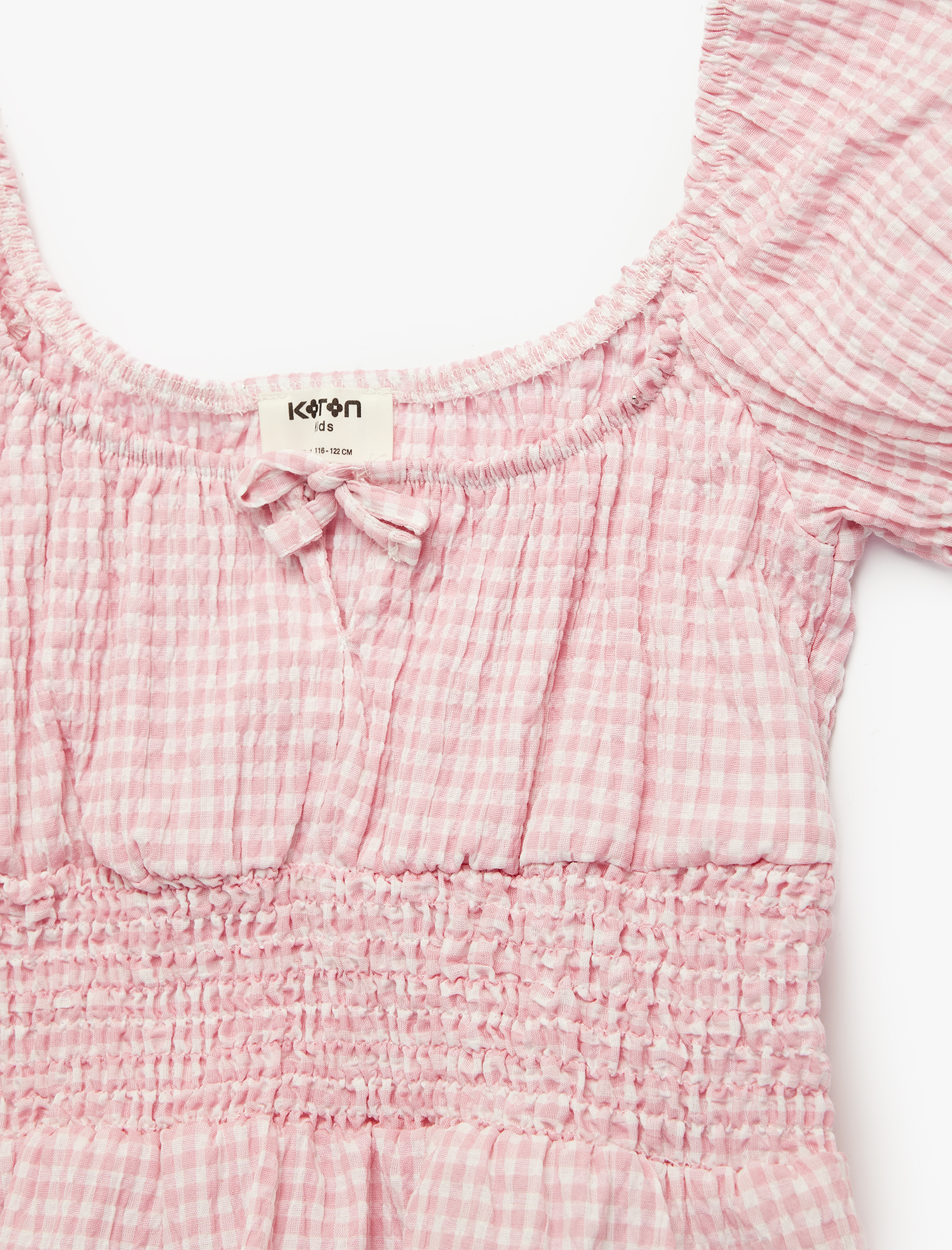  Kız Çocuk Gipeli Kısa Kollu U Yaka Fiyonklu Pötikare Desenli Bluz