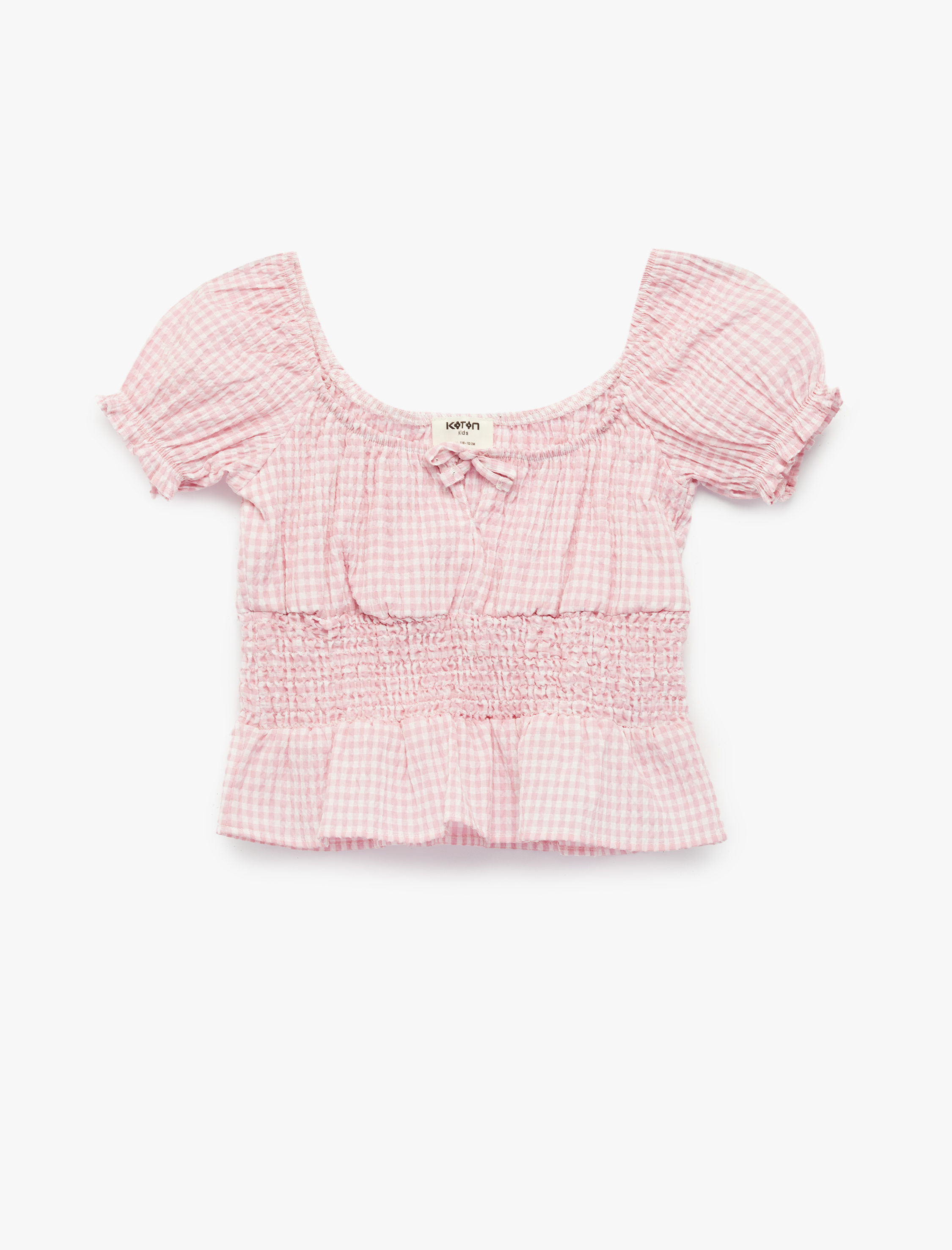  Kız Çocuk Gipeli Kısa Kollu U Yaka Fiyonklu Pötikare Desenli Bluz