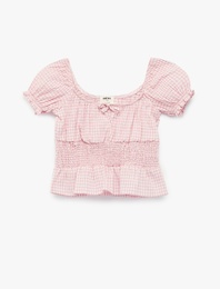 Gipeli Kısa Kollu U Yaka Fiyonklu Pötikare Desenli Bluz