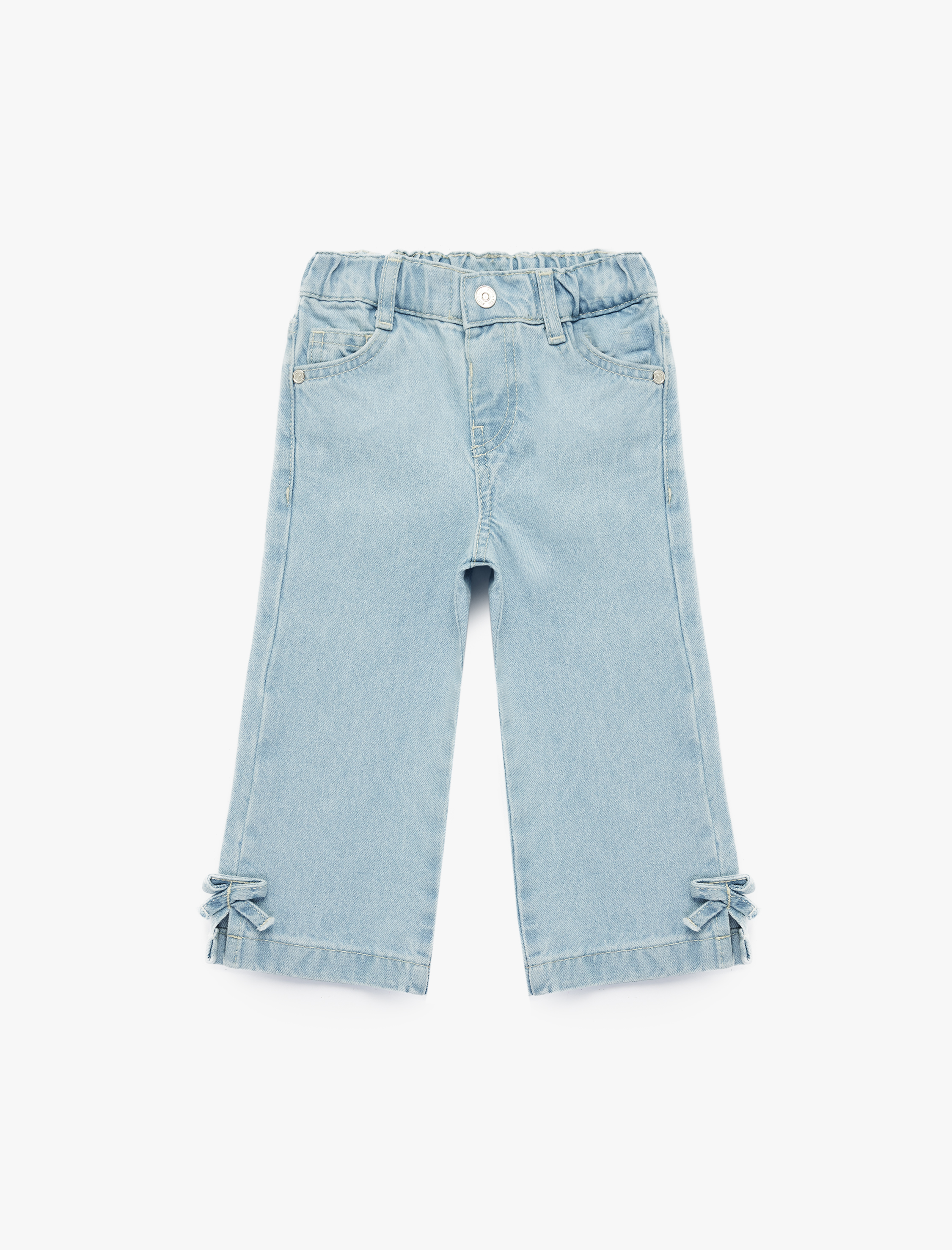  Kız Bebek Pamuklu Cep Detaylı Fiyonklu Denim Pantolon