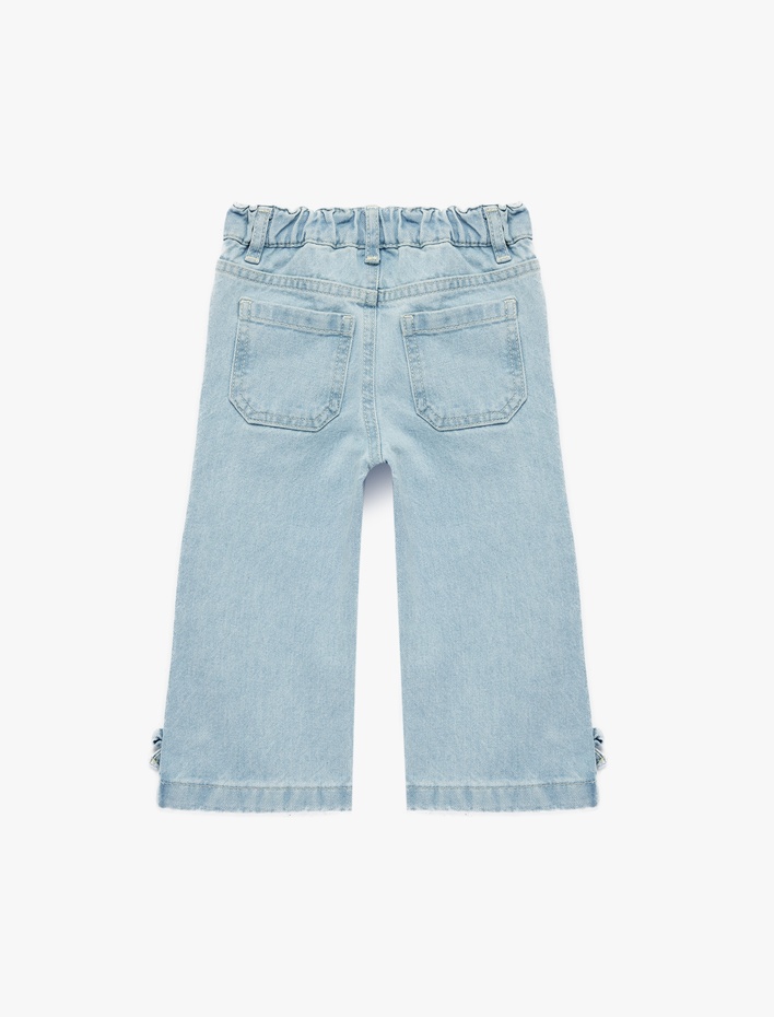 Kız Bebek Pamuklu Cep Detaylı Fiyonklu Denim Pantolon