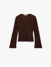 Bürümcük Kumaş Düğmeli Uzun Kollu V Yaka Hırka