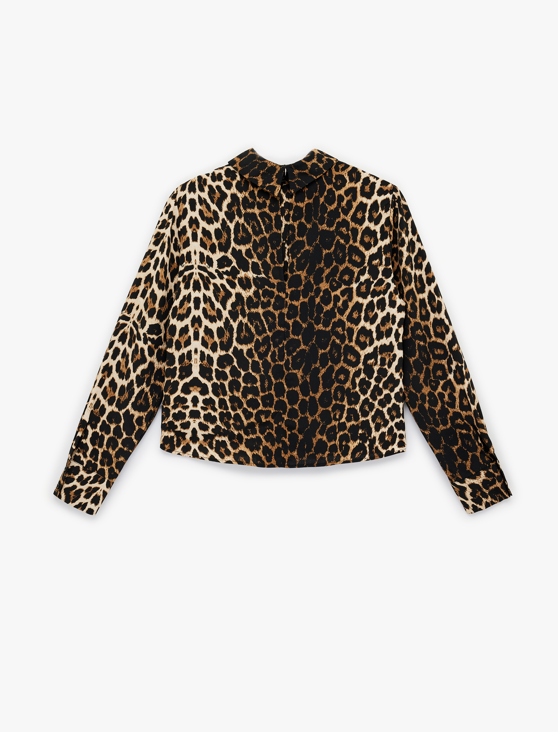   Krep Kumaş Dik Yaka Uzun Kollu Leopar Desenli Bluz