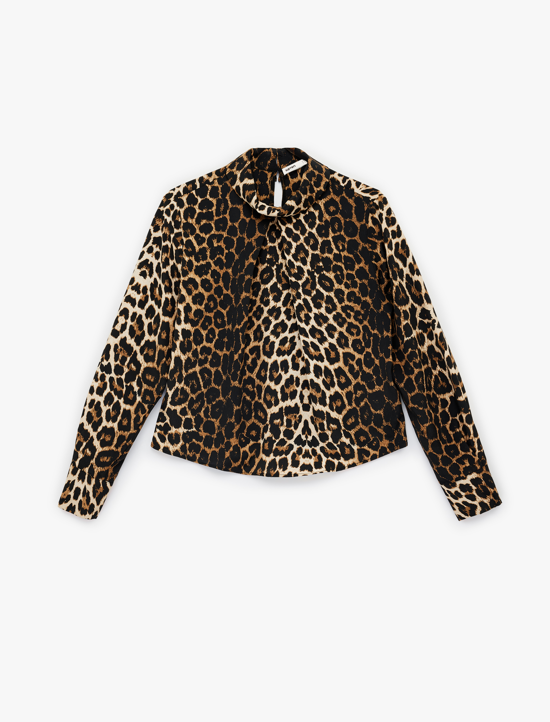   Krep Kumaş Dik Yaka Uzun Kollu Leopar Desenli Bluz