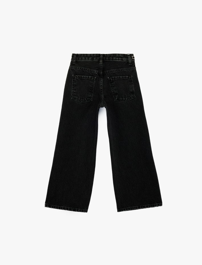 Kız Çocuk Pamuklu Aksesuar Detaylı Cepli Geniş Paça Denim Pantolon - Wide Leg Jeans