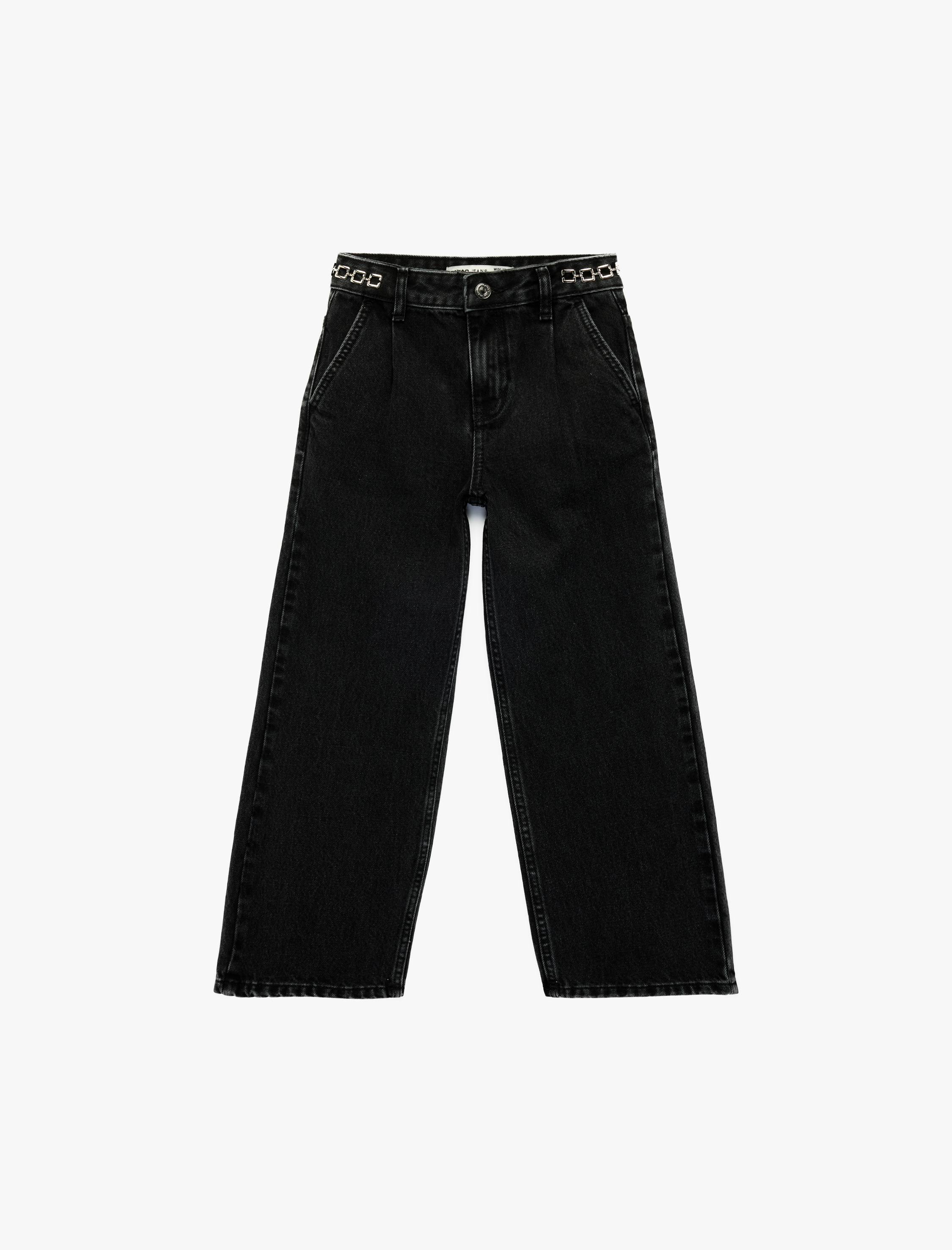  Kız Çocuk Pamuklu Aksesuar Detaylı Cepli Geniş Paça Denim Pantolon - Wide Leg Jeans