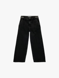 Pamuklu Aksesuar Detaylı Cepli Geniş Paça Denim Pantolon - Wide Leg Jeans