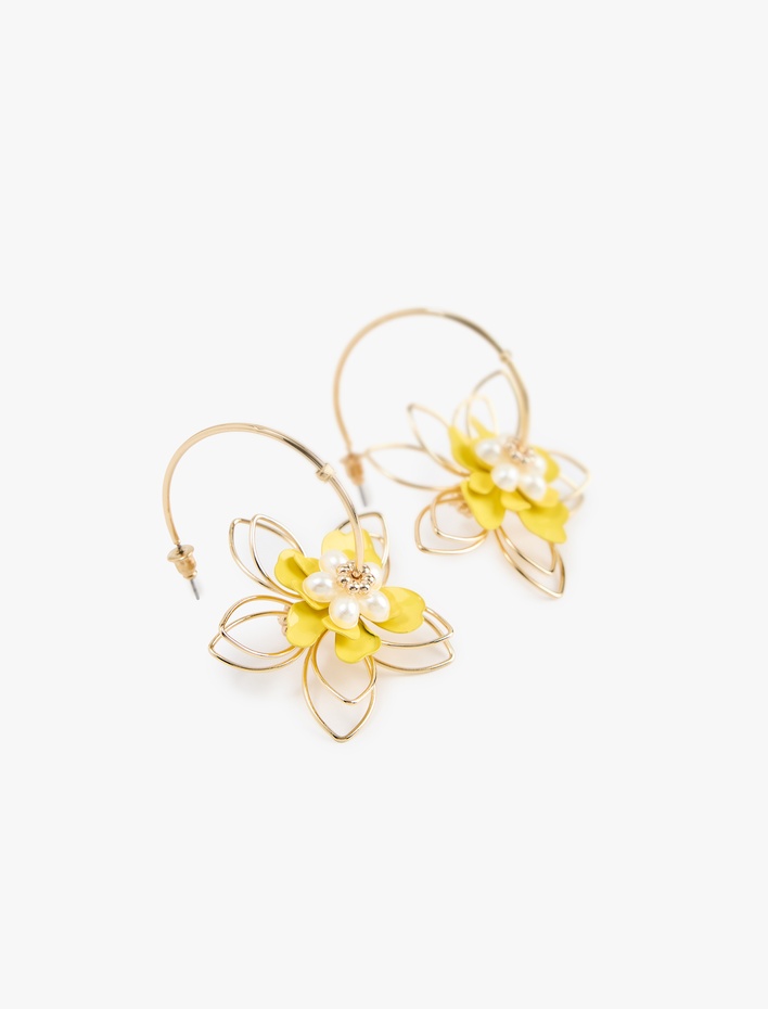 Kadın İnci Detaylı Büyük Boy Çiçekli Halka Küpe