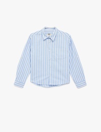 Pamuklu Uzun Kollu Düğmeli Cepli Klasik Yaka Çizgili Gömlek