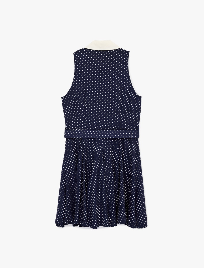  Kemer Detaylı Viskon Kolsuz Klasik Yaka Düğmeli Puantiyeli Mini Elbise