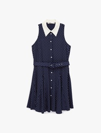 Kemer Detaylı Viskon Kolsuz Klasik Yaka Düğmeli Puantiyeli Mini Elbise