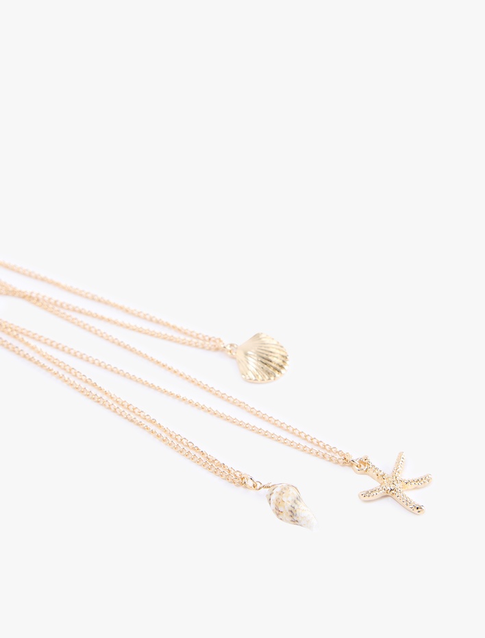 Kadın Taş Detaylı 3 Sıra Çelik Deniz Kabuğu Kolye