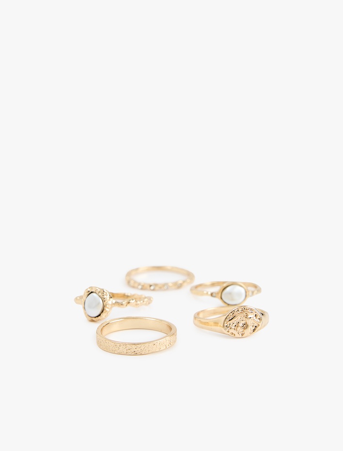 Kadın Taş Detaylı Dokulu 5'li Yüzük Seti