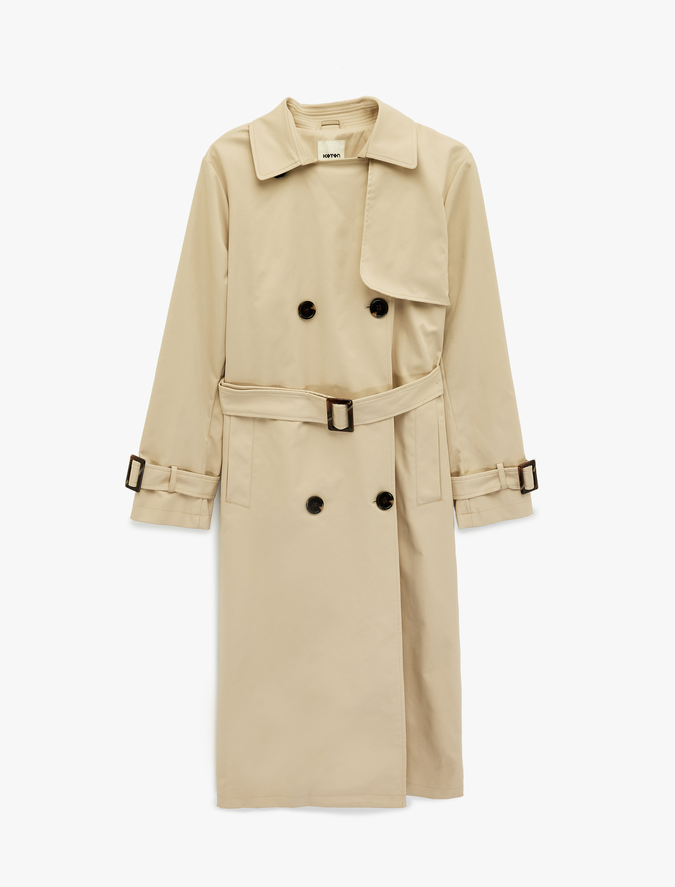   Uzun Kollu Kemer Detaylı Düğmeli Kruvaze Yaka Trençkot