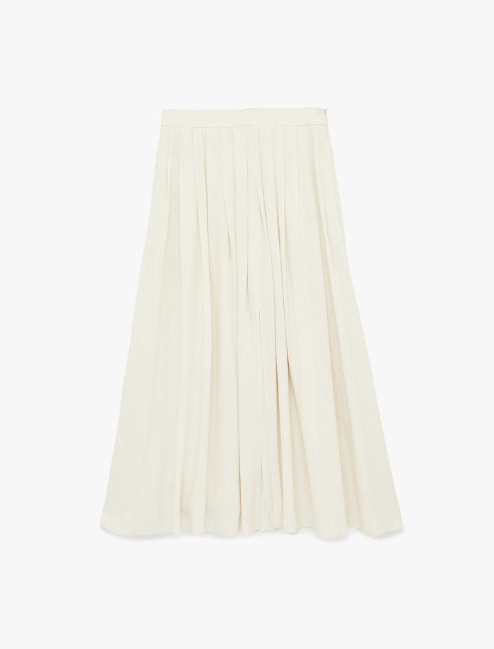  Keten Karışımlı Pileli Uzun Kloş Etek