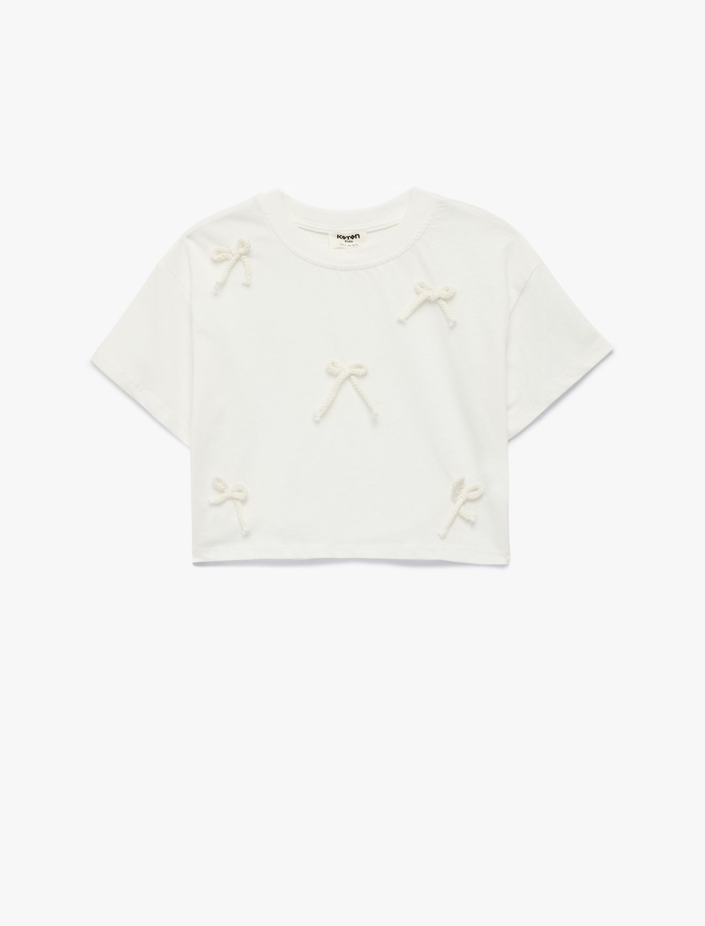  Kız Çocuk Pamuklu Kısa Kollu Bisiklet Yaka Fiyonk Baskılı Tişört