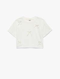 Pamuklu Kısa Kollu Bisiklet Yaka Fiyonk Baskılı Tişört