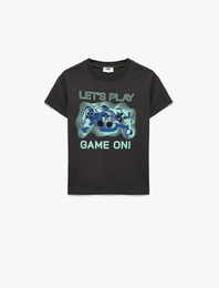 Pamuklu Kısa Kollu Bisiklet Yaka Baskılı Tişört