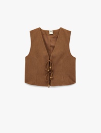 Boncuk Detaylı Kolsuz V Yaka Bağlamalı Crop Yelek