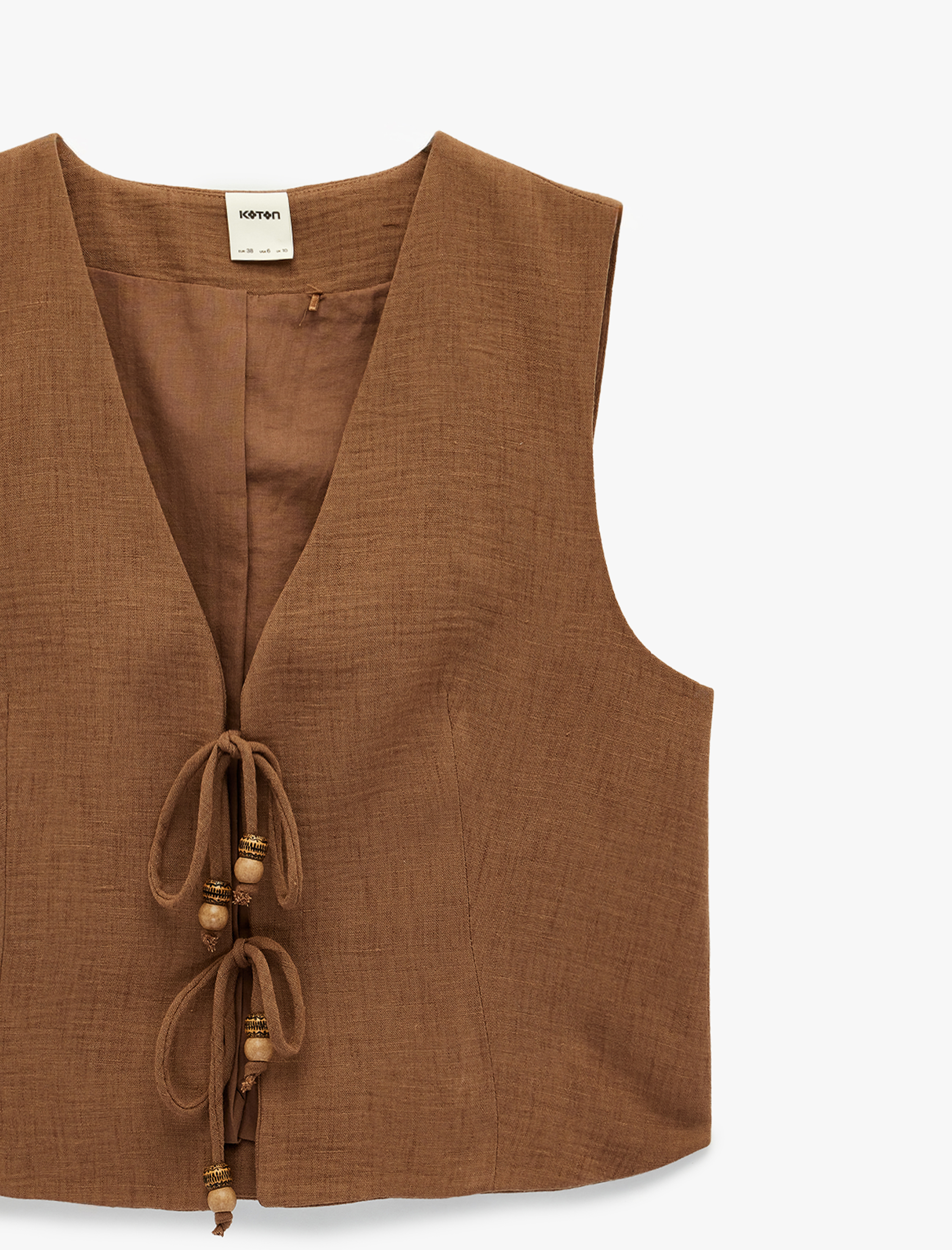   Boncuk Detaylı Kolsuz V Yaka Bağlamalı Crop Yelek