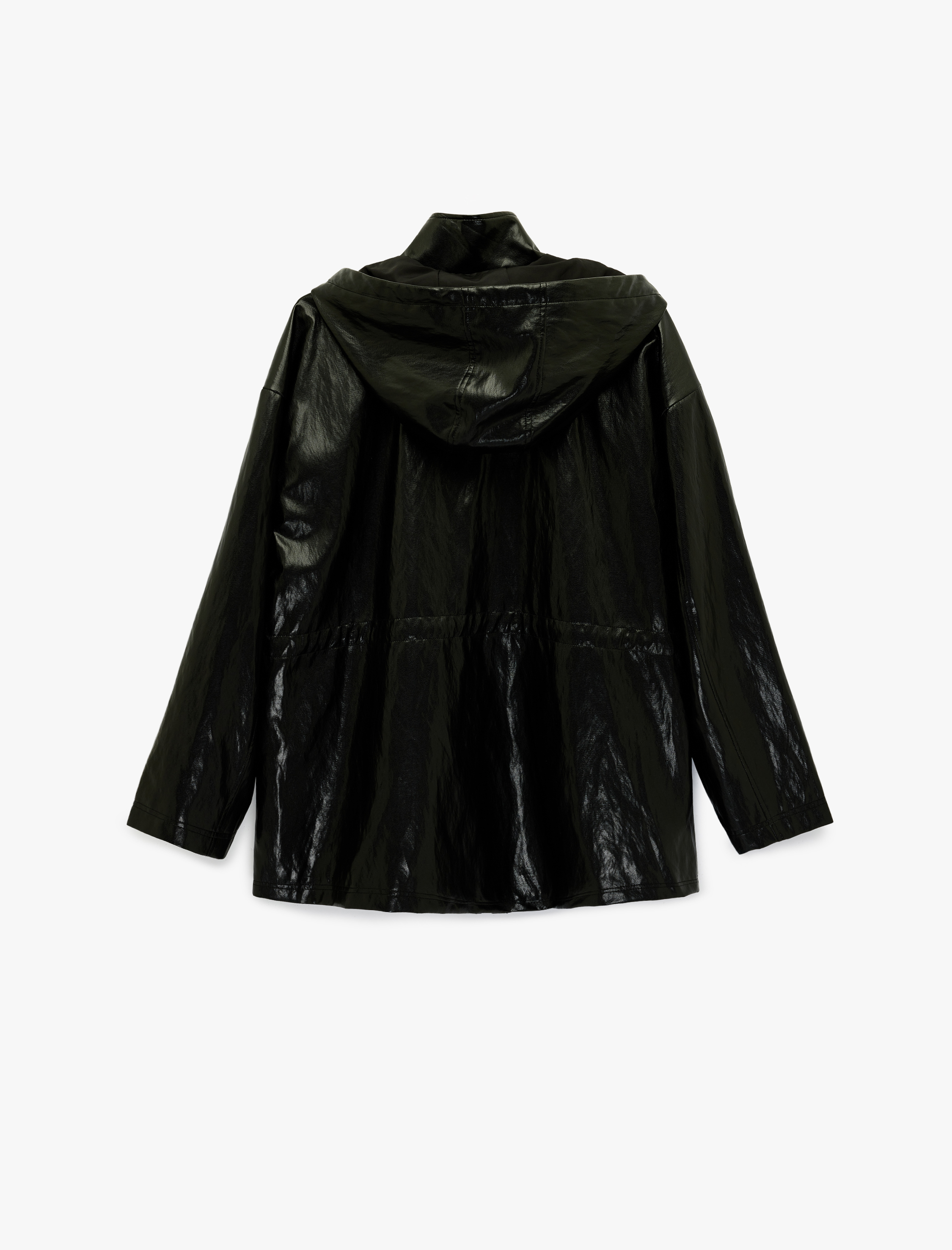   Fermuarlı Cep Detaylı Kapüşonlu Viskon Karışımlı Suni Deri Yağmurluk