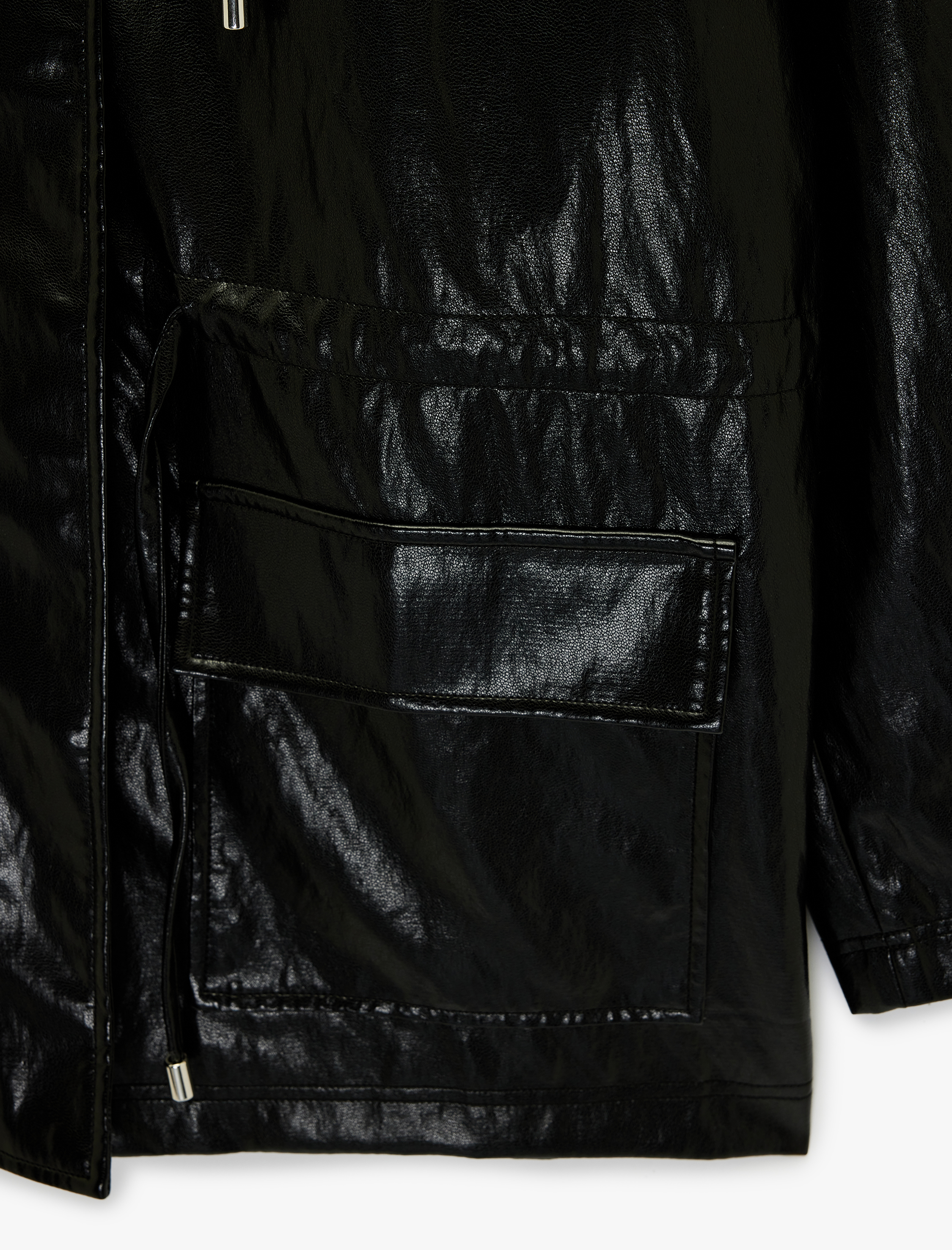   Fermuarlı Cep Detaylı Kapüşonlu Viskon Karışımlı Suni Deri Yağmurluk