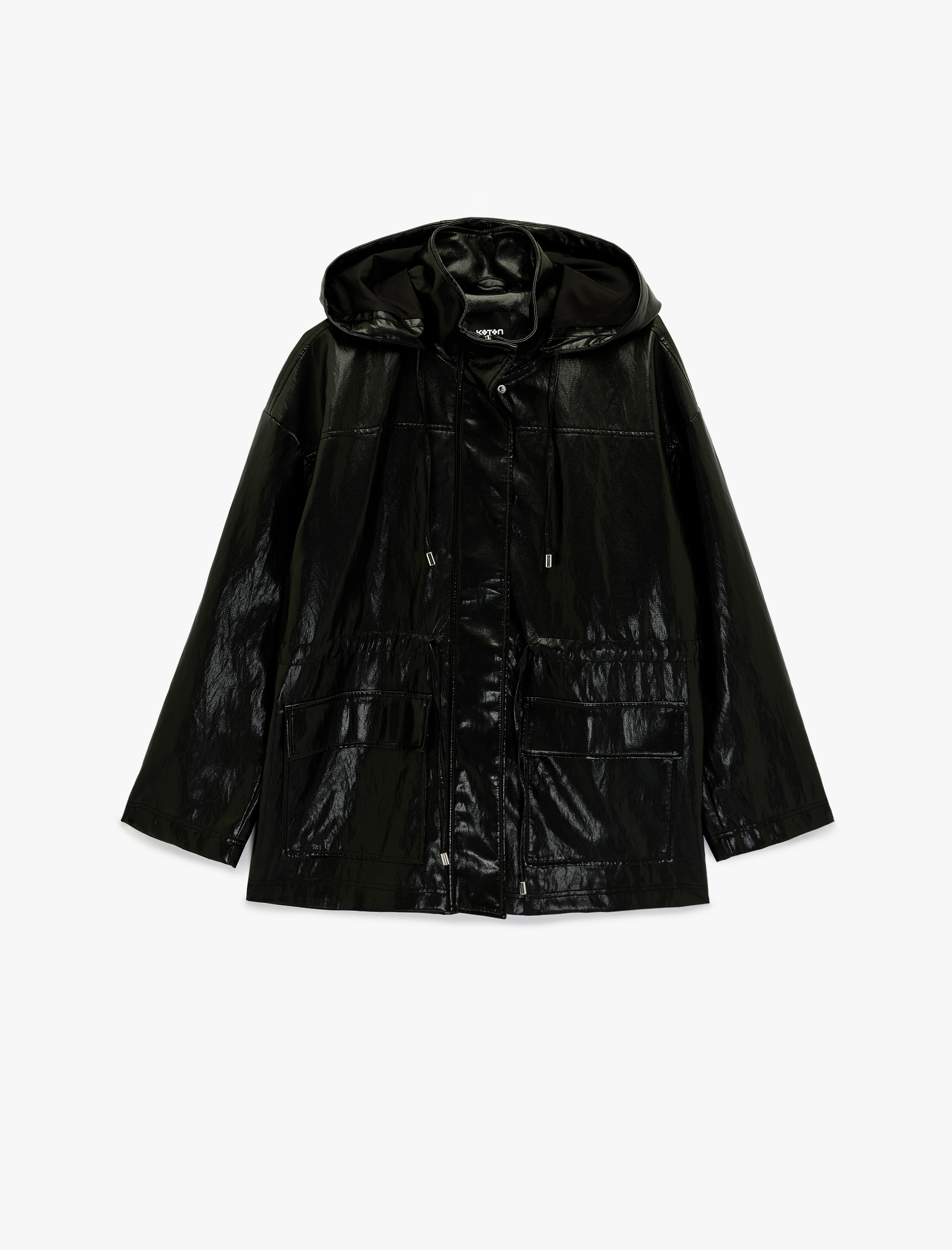   Fermuarlı Cep Detaylı Kapüşonlu Viskon Karışımlı Suni Deri Yağmurluk