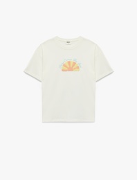 Kısa Kollu Bisiklet Yaka Nakışlı Pamuklu Tişört