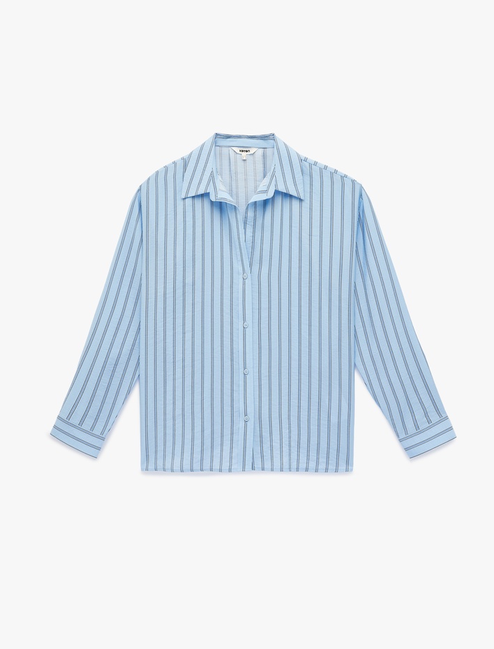  Oversize Uzun Kollu Klasik Yaka Çizgili Viskon Gömlek