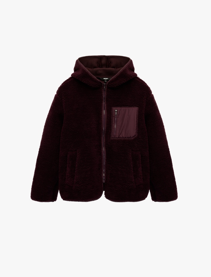  Kapüşonlu Uzun Kollu Fermuar Detaylı Ceket