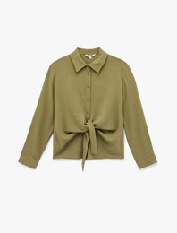 Uzun Kollu Düğmeli Bağlama Detaylı Gömlek