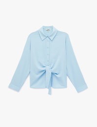 Uzun Kollu Düğmeli Bağlama Detaylı Gömlek