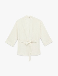 Uzun Kollu Viskon Karışımlı Kuşaklı Kimono