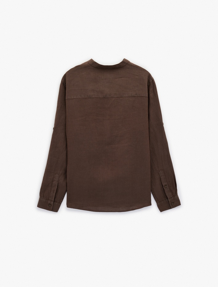  Regular Fit Uzun Kollu Düğmeli Hakim Yaka Keten Gömlek