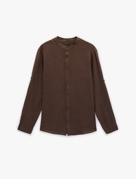 Regular Fit Uzun Kollu Düğmeli Hakim Yaka Keten Gömlek