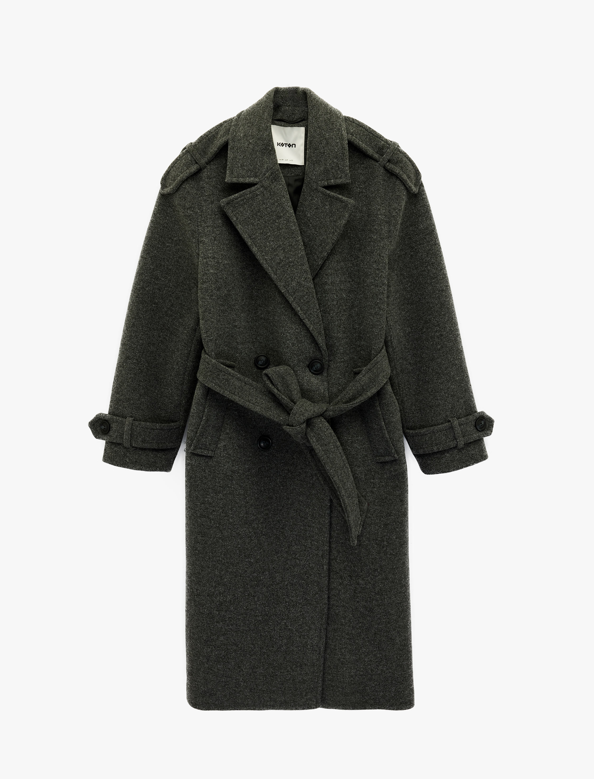   Kruvaze Yaka Uzun Kollu Cepli Kemerli Uzun Kaşe Kaban