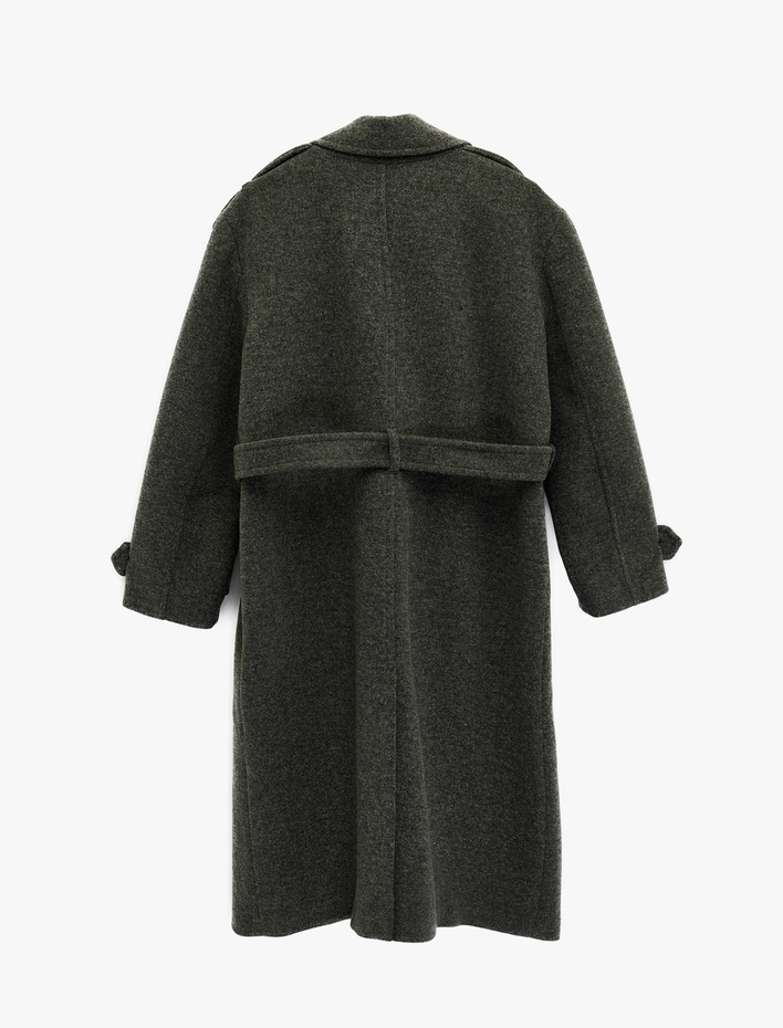  Kruvaze Yaka Uzun Kollu Cepli Kemerli Uzun Kaşe Kaban