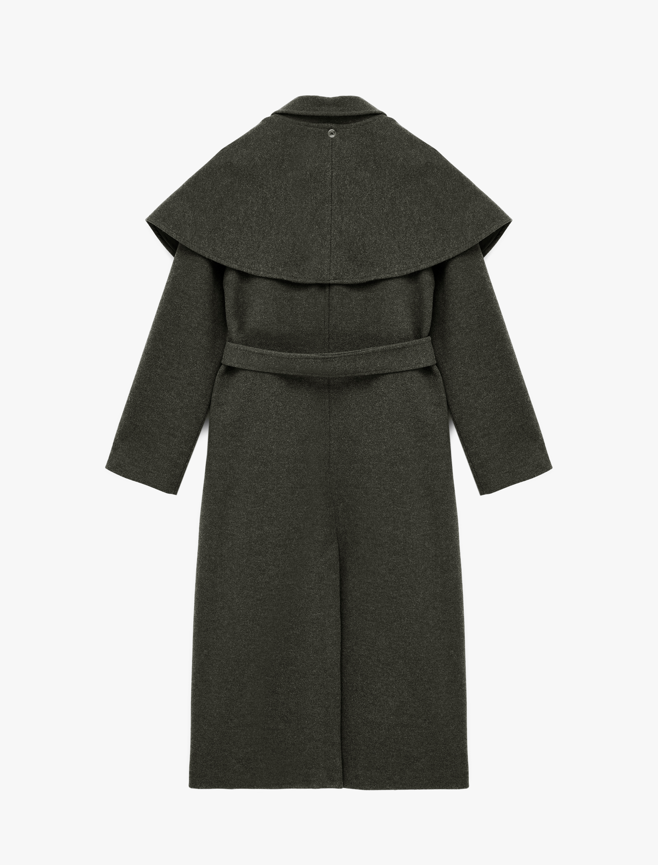   Regular Fit Uzun Kollu Cepli Çıkarılabilir Pelerinli Kemerli Uzun Kaşe Kaban