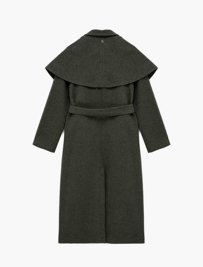  Regular Fit Uzun Kollu Cepli Çıkarılabilir Pelerinli Kemerli Uzun Kaşe Kaban