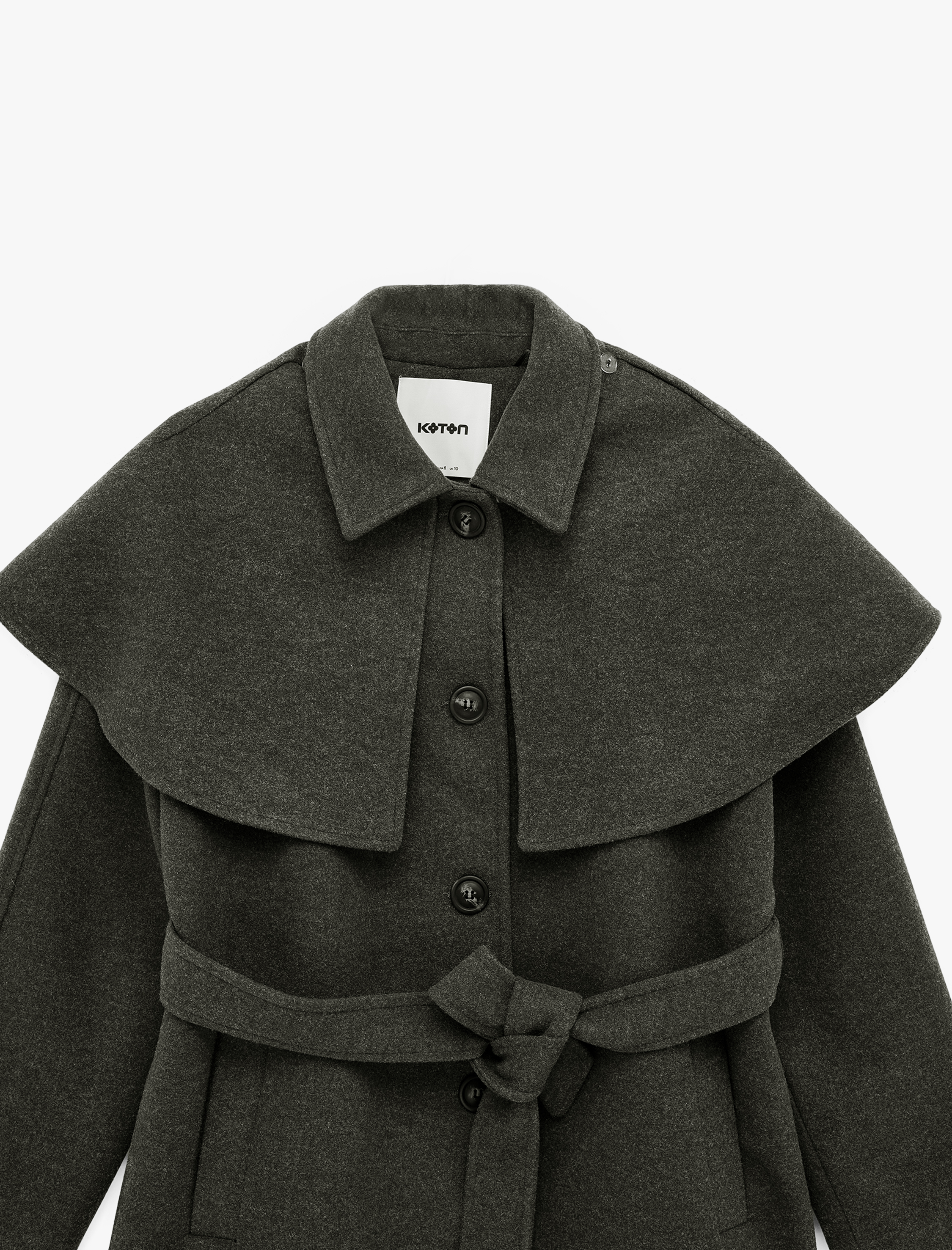   Regular Fit Uzun Kollu Cepli Çıkarılabilir Pelerinli Kemerli Uzun Kaşe Kaban