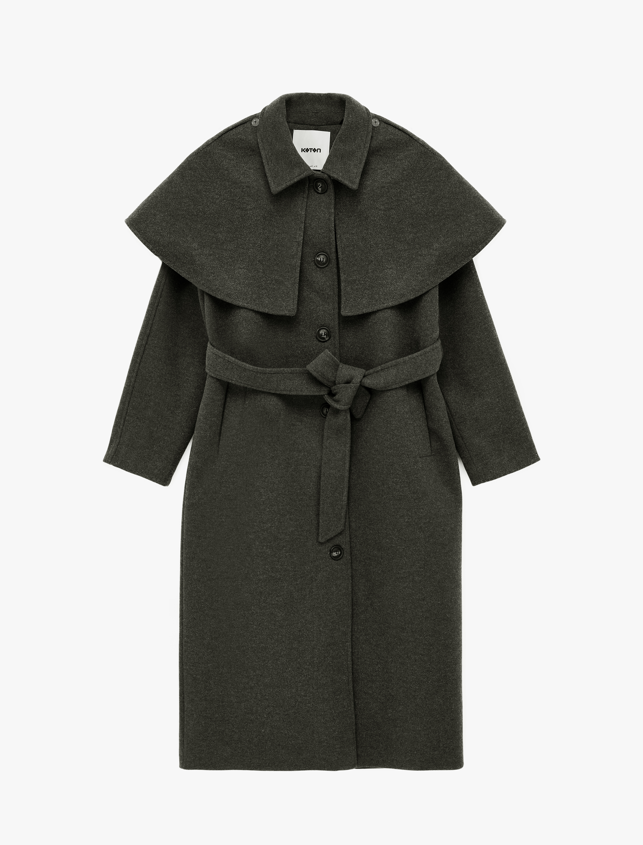   Regular Fit Uzun Kollu Cepli Çıkarılabilir Pelerinli Kemerli Uzun Kaşe Kaban