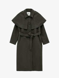 Regular Fit Uzun Kollu Cepli Çıkarılabilir Pelerinli Kemerli Uzun Kaşe Kaban