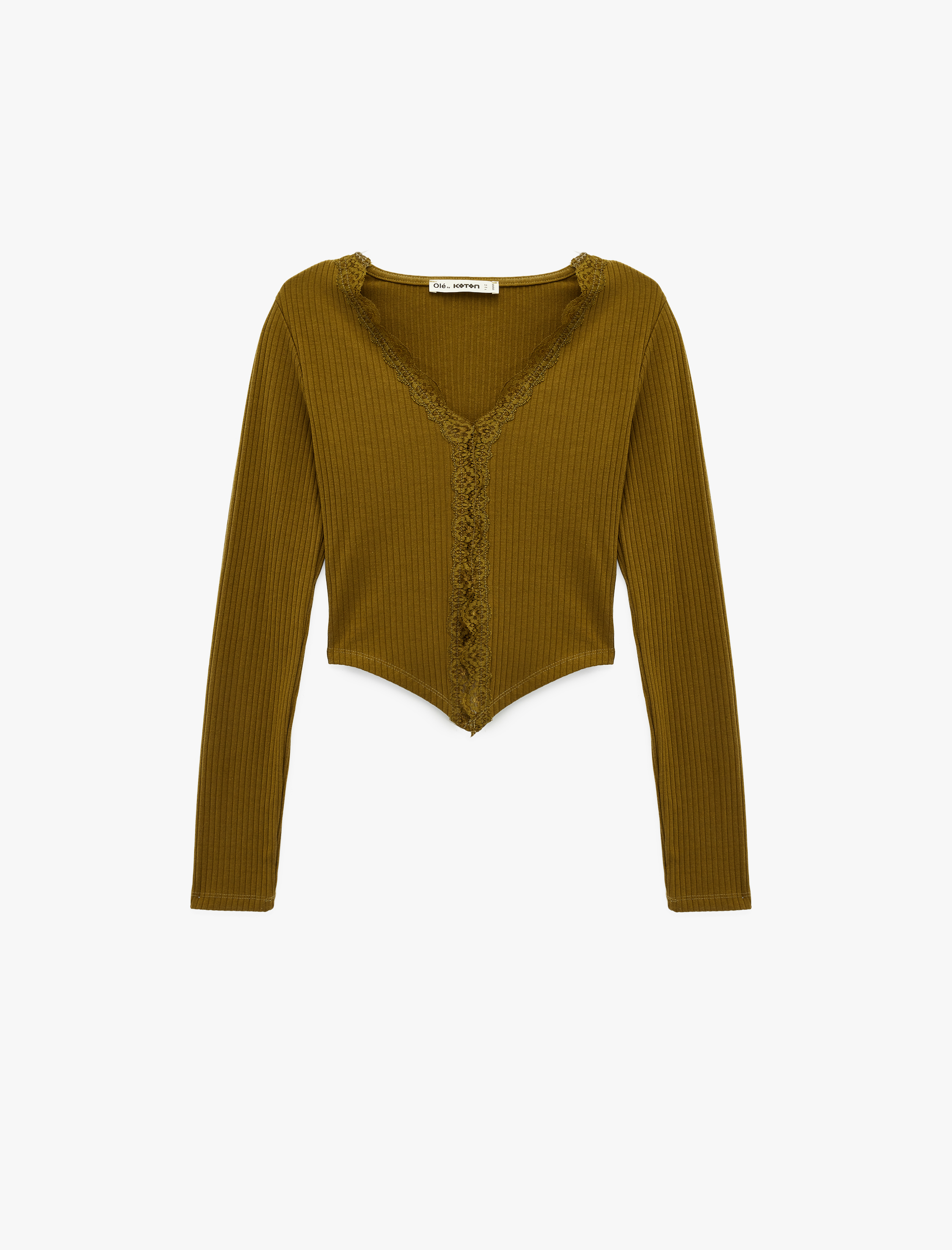   V Yaka Dantel Detaylı Uzun Kollu Slim Fit Tişört