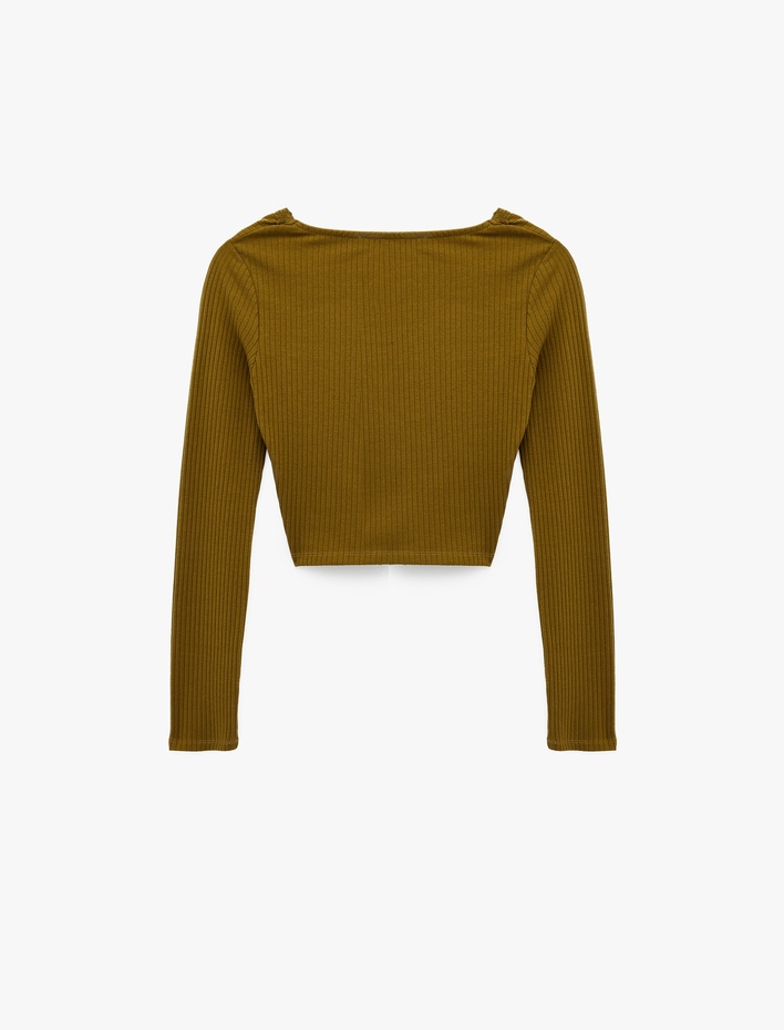  V Yaka Dantel Detaylı Uzun Kollu Slim Fit Tişört